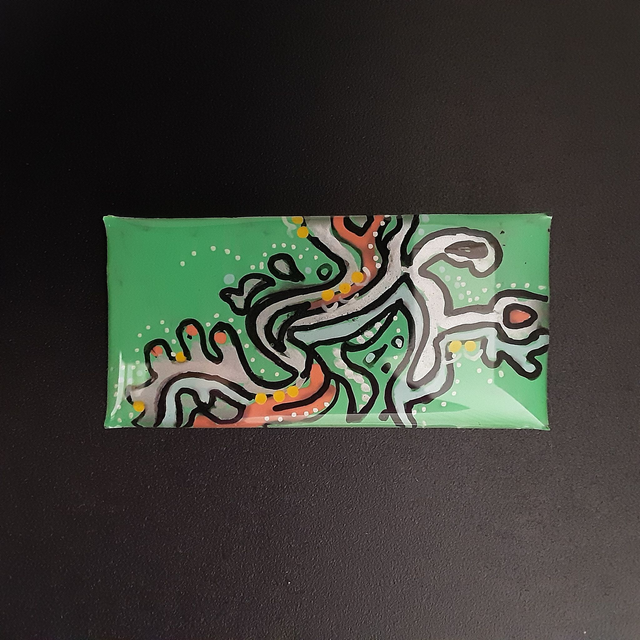 Broche grand rectangle collection ethnique fond vert et décor argent orange