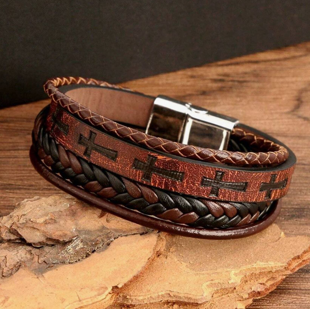 Bracelet homme cuir " Croix " Marron