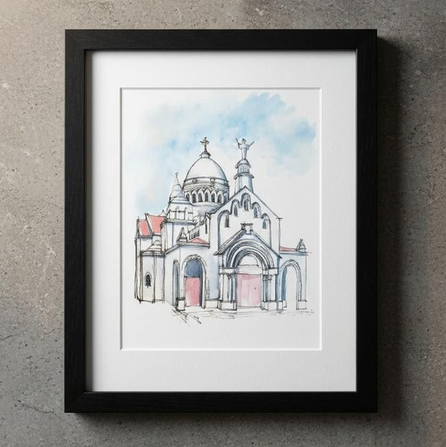 Encre et aquarelle - Église du Sacre Coeur de Balata - Fort de France - Martinique 