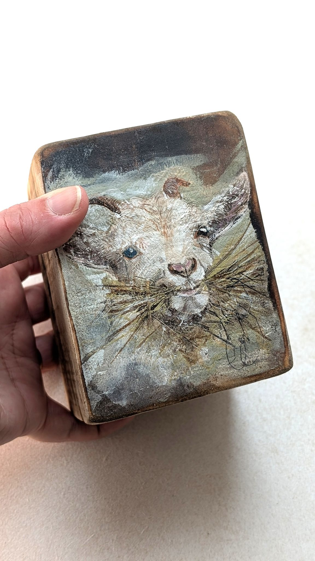 Goat chewing the straw - Tealight Holder Reclaimed Wood