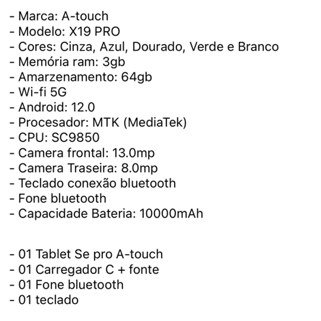 Tablet X19 PRO 64GB 3GB Ram A-touch Tela 10 Polegada 1280x800 px IPS Caneta Fone Teclado Android