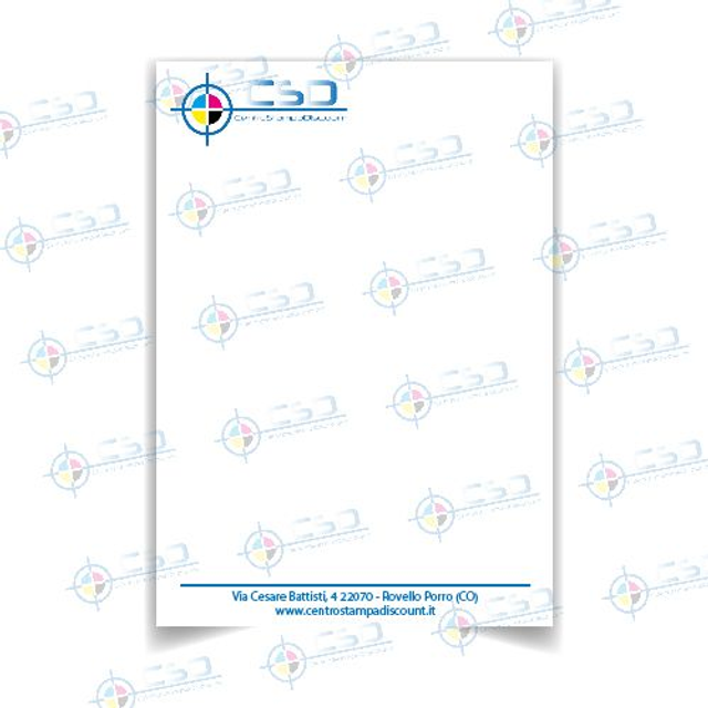 Carta intestata A4 pronta in otto giorni: stampa quadricromia fronte, carta usomano di qualità da 80 grammi (prezzo con IVA)