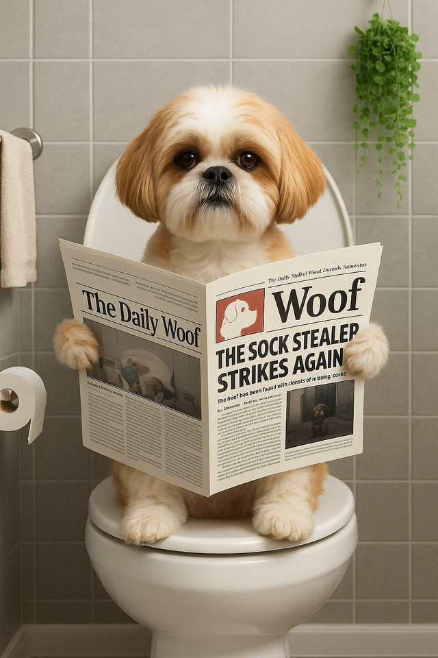 Shitzu on the Toilet Framed Canvas