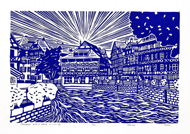 Strasbourg : l'Ill et la Petite France • Linogravure bleue 21 x 30 cm