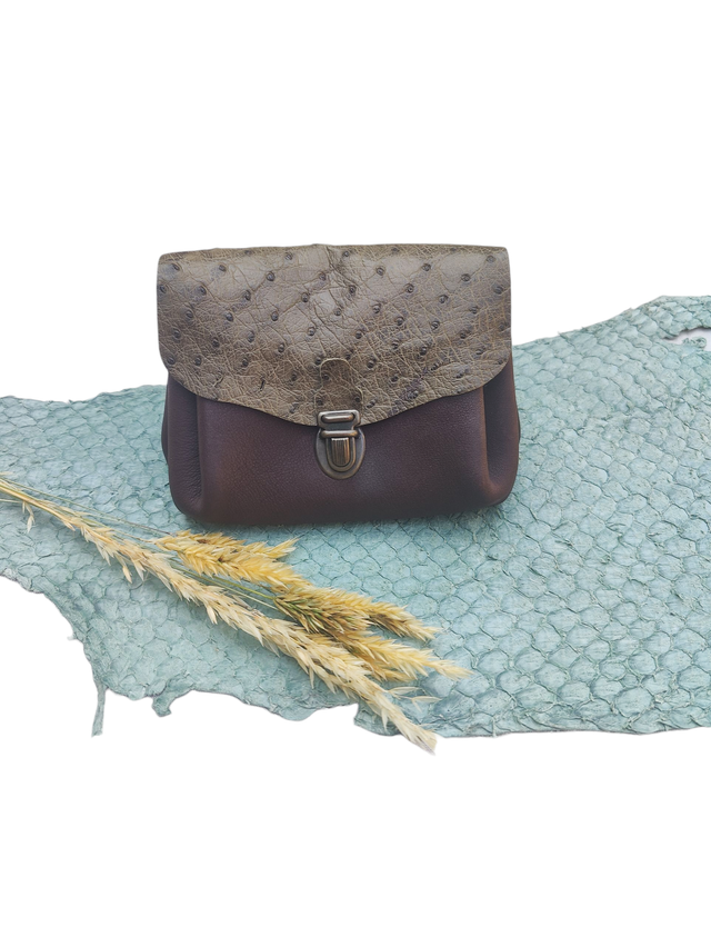 👛 Porte-monnaie à soufflet Taille 3 en cuir d’autruche & vachette – Pièce unique, fait main