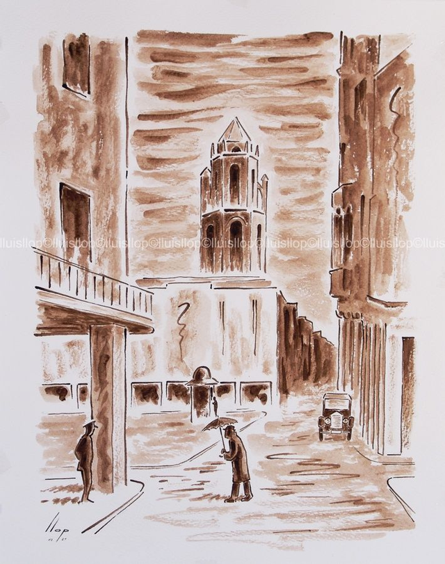 coses de Reus antic, campanar des de c/ Monterols - noguerina original 50x40