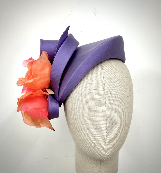 Lilac silk shantung percher trimmed with 2 silk coral roses and bow