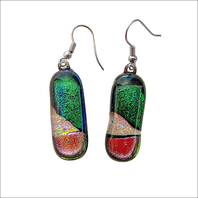Drop earrings in dichroic green, silver and pale pink glass
