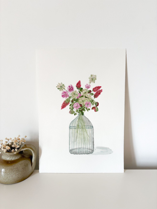 Aquarelle originale A4 - Bouquet de trèfles