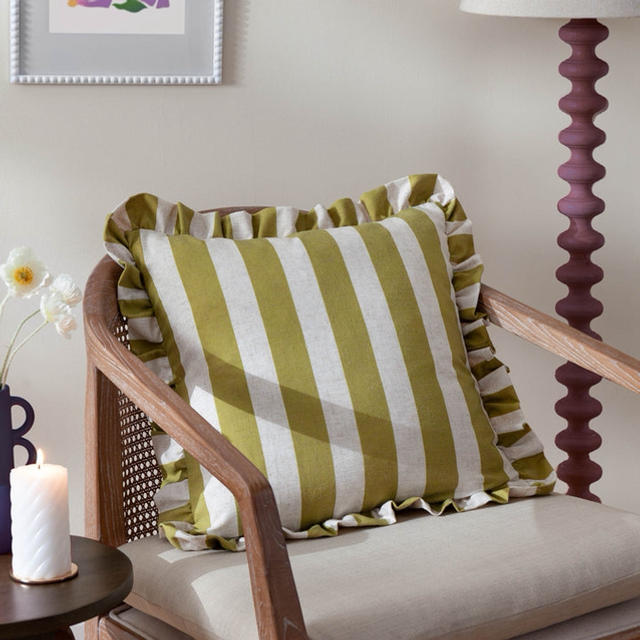 Linen Striped Ruffle Cushion Olive
