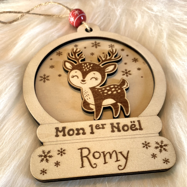 Boule de Noël personnalisée &quot;Mon Premier Noël&quot; – Bois gravé avec prénom et personnage au choix