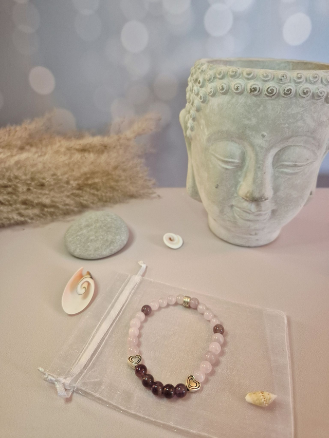 Bracelet élastique CŒUR NOMADE – Kunzite &amp; Améthyste naturelles du Brésil