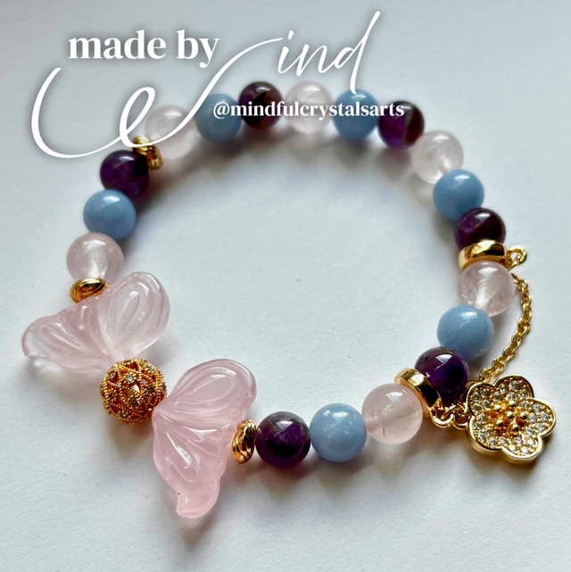 Made by Wind Series: Crystal Butterfly Bracelet : Rose Quartz x Amethyst x Moonstone x Angeline