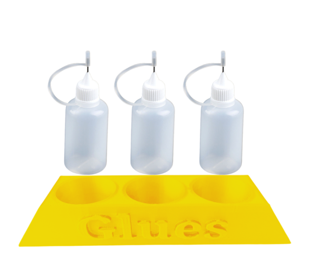 Yellow glue holder and glue bottles