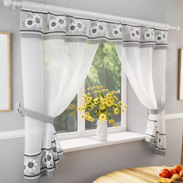 Keswick Floral Embroidered Window Set with Matching Tie Backs in Black