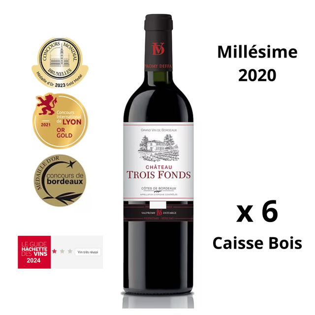 Château Trois Fonds 2020 - Côtes de Bordeaux - rouge - 75cl - Caisse bois de 6 bouteilles