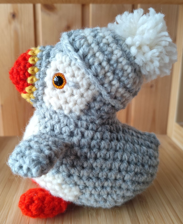Snowy the white puffin with grey and white hat, large size (made from Norwegian wool yarn)