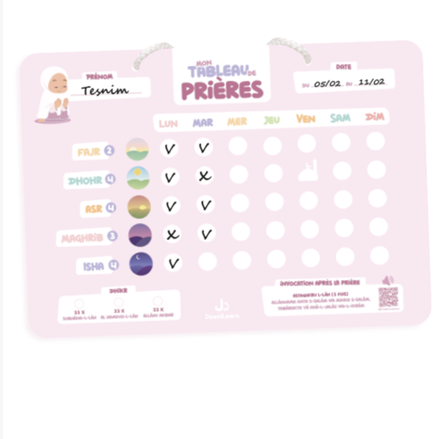 Mon tableau de prières  - Pour un suivi hebdomadaire de mes 5 prières