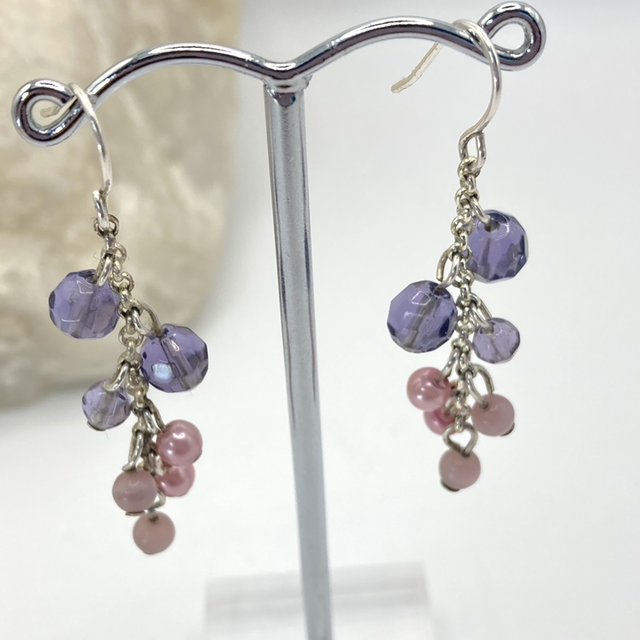 Pink Pearls and Purple Beads Silver Dangle Earrings