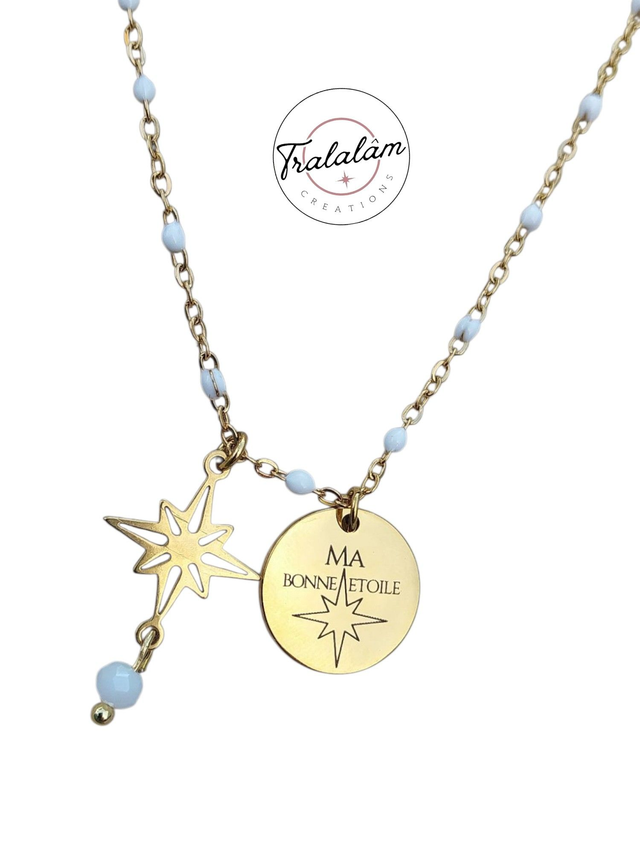 ✨Collier dorée chaîne émaillée blanche MA BONNE ETOILE"