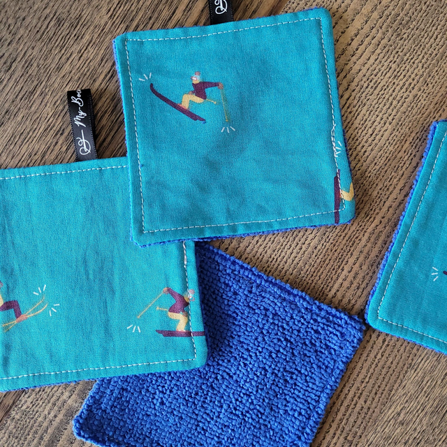 Coton lavable carré : Skieurs, bleu