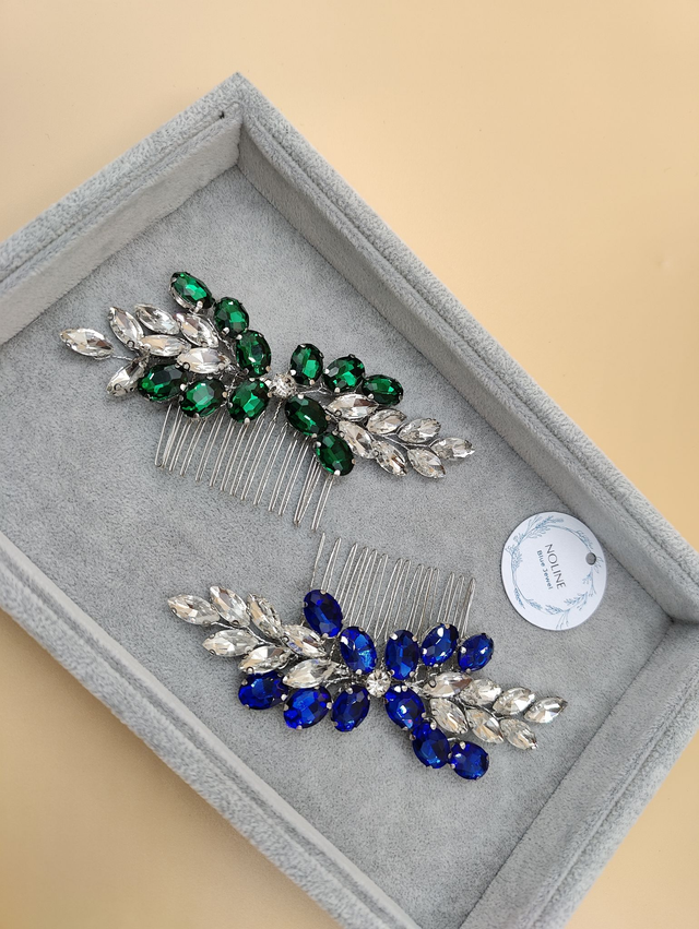 Peigne cheveux strass cristaux argenté et bleu royale ou vert