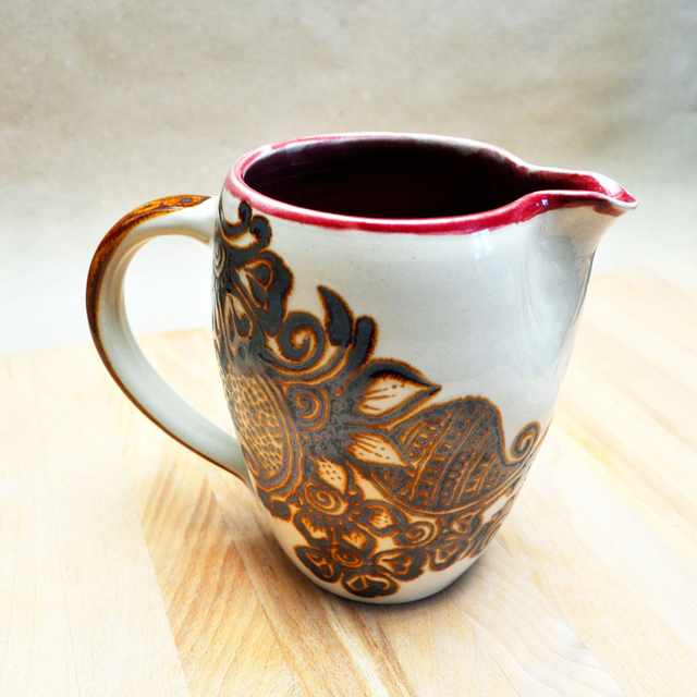 Ceramic Stoneware Pitcher Henna Pottery Wine Jug, water/milk/juice, handmade