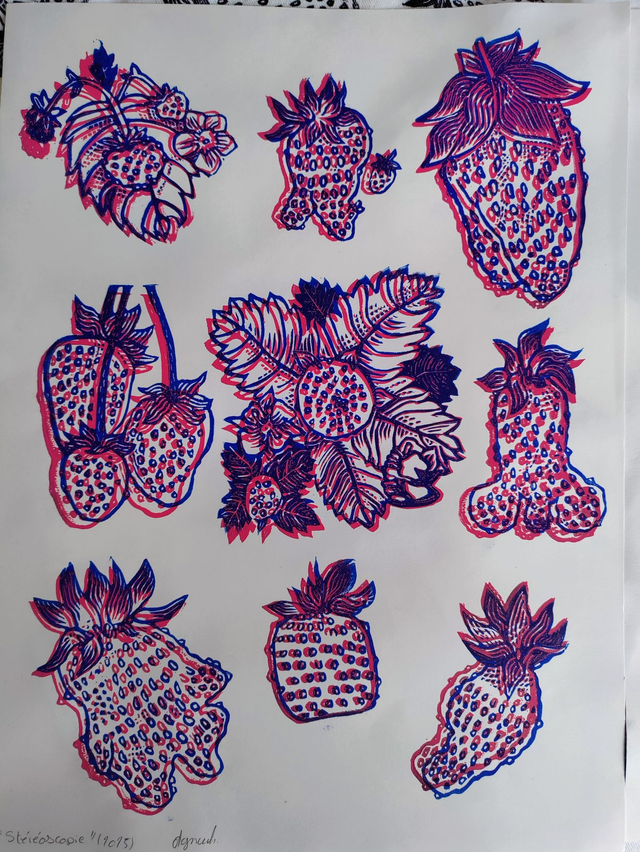 impression linogravure fraises "Collection" bicolore 24X32cm