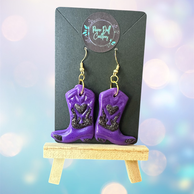 Purple/Black Glitter Polymer Clay Cowboy Boot Earrings