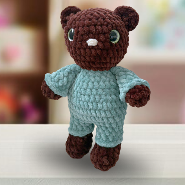Crochet Chenille Bedtime Bear in green, Glitter Eyes, Ukca tested