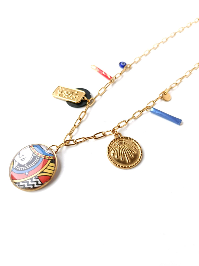 Collier à Breloques Upcyclé Carte de Tarot, Chambre à Air & Aluminium Recyclés - Reine