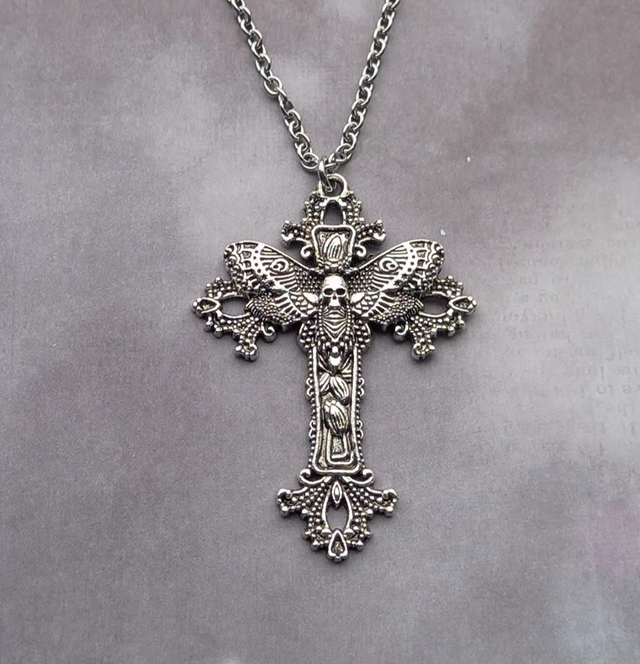 Death's Head Moth and Gothic Cross Necklace 