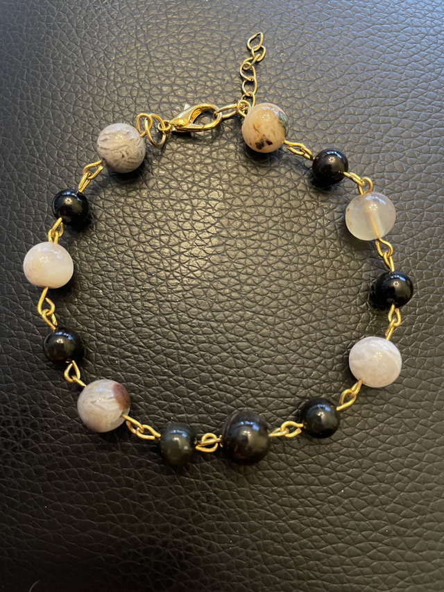 Bracelet Agate bambou 8 mm et Obsidienne arc-en-ciel 6 mm