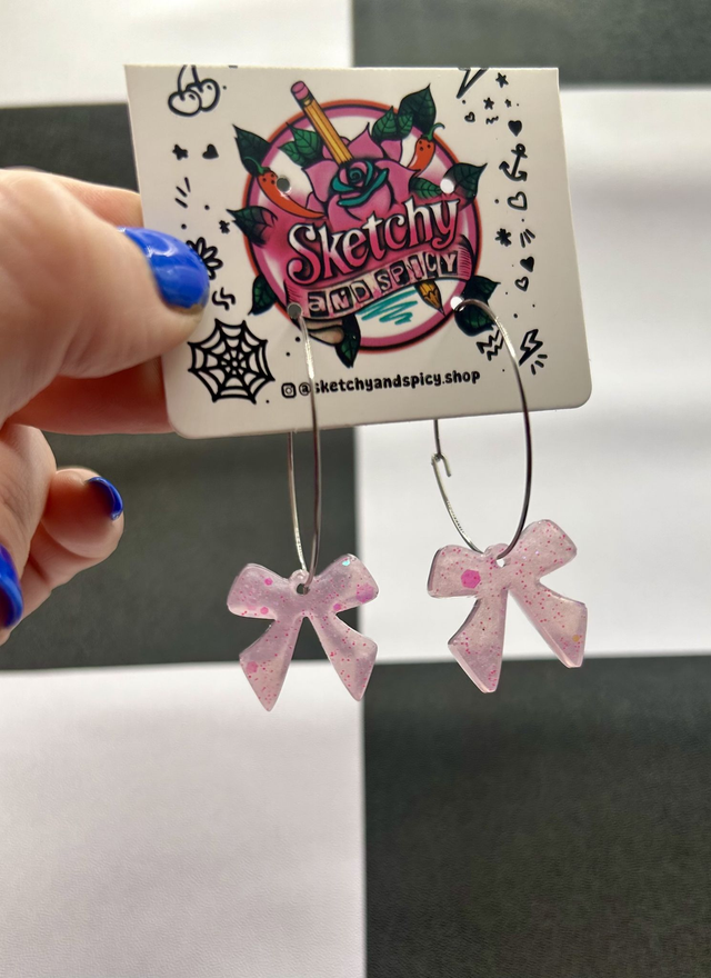 Earrings - Cute Glitter Bows on Hoops - Various Colours - Stainless Steel 35cm Big Hoops