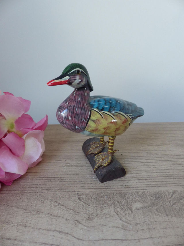 Figurine canard colvert sur socle en bois peint main, canard oiseau collection, cadeau, décoration maison campagne, ferme, cottage, chalet