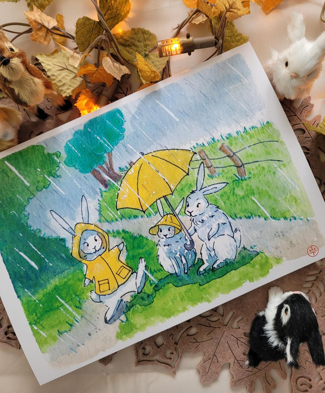 Lapins sous la pluie - tirage d'art A4