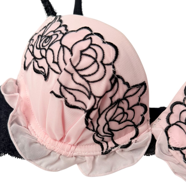 Pink + black floral embroidered Japanese Bra UK 32A, 32C