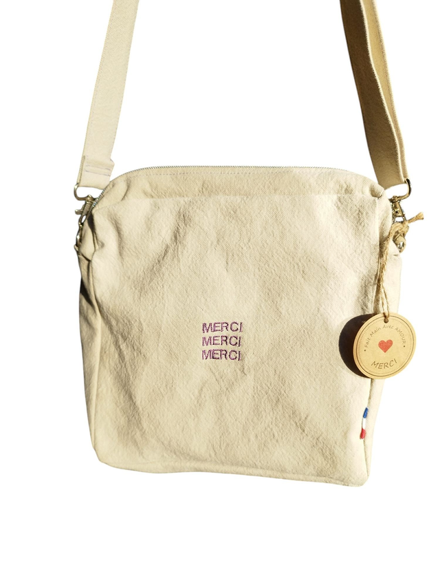 Sac besace en coton épais écru avec broderie merci merci merci