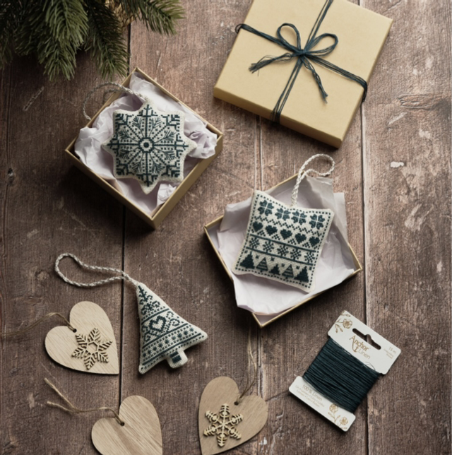 Cross Stitch Kit: Nordic Linen Christmas Decorations: Cream/Blue: Set of 3 by Anchor