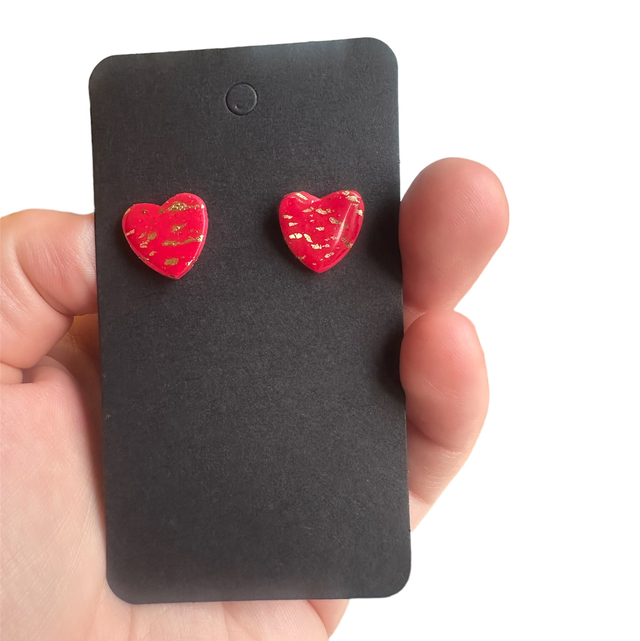 Small Red Gold Leaf Polymer Clay Heart Studs 