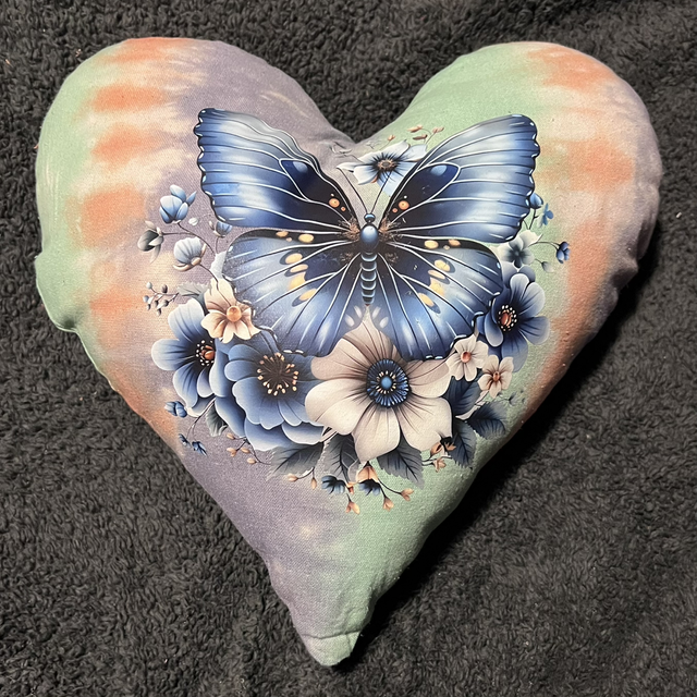 Hand tie dye cushion with butterfly and blue flowers