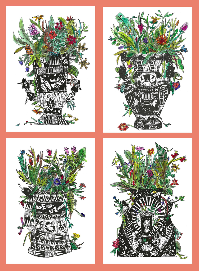 Lot 4 cartes postales "Vase"