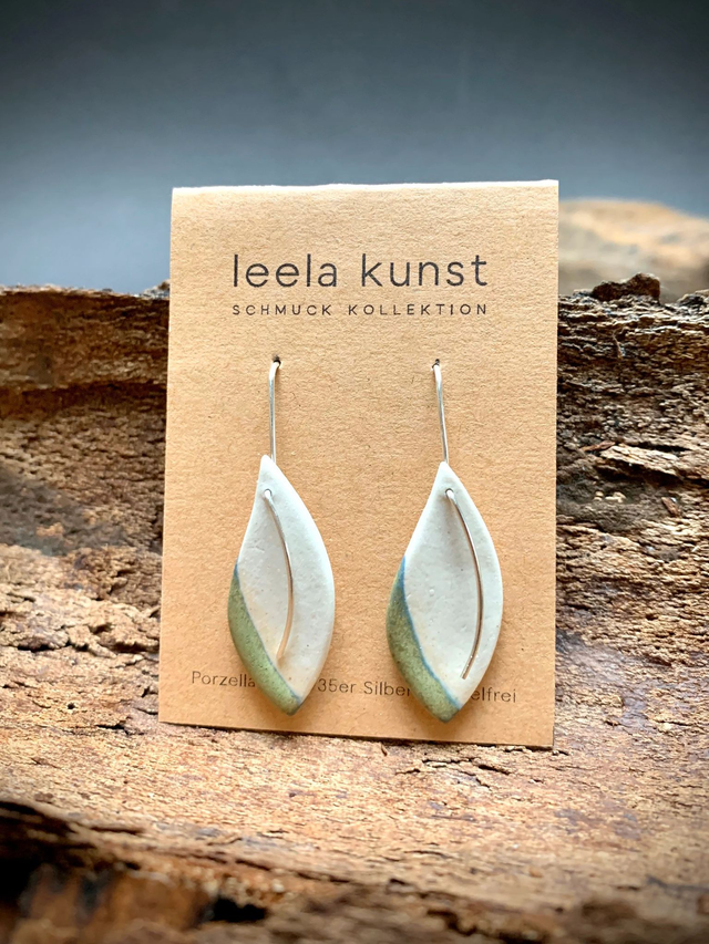 Leaf Porcelain Jewelry Earrings | natural green | handcrafted dangling earrings with real silver earwires