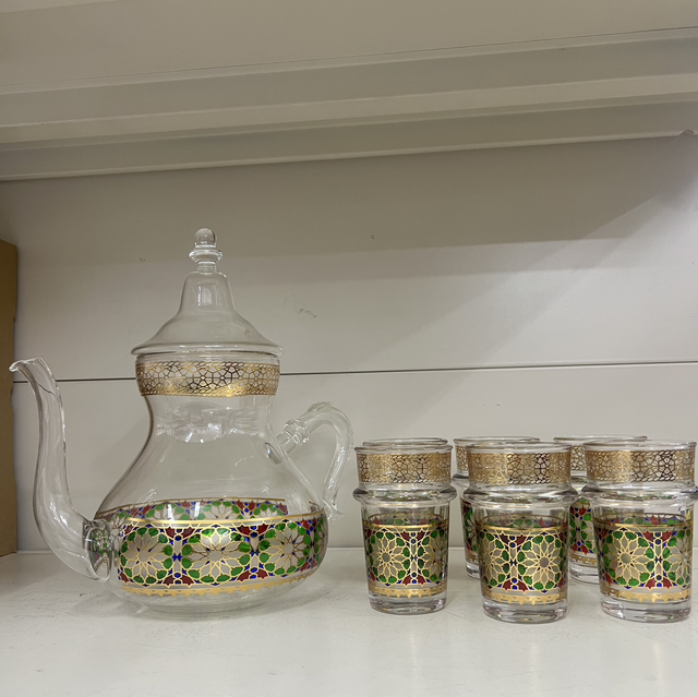 Théière en verre + 6 verres "Zelij vert 