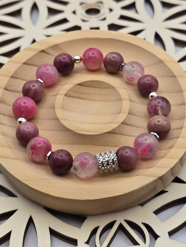 Bracelet Rhodonite rose et sur Quartz 1 cm 
