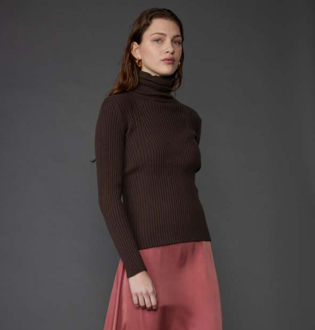 Chocolate Cotton/Cashmere Skinny Ribbed Roll Neck Sweater