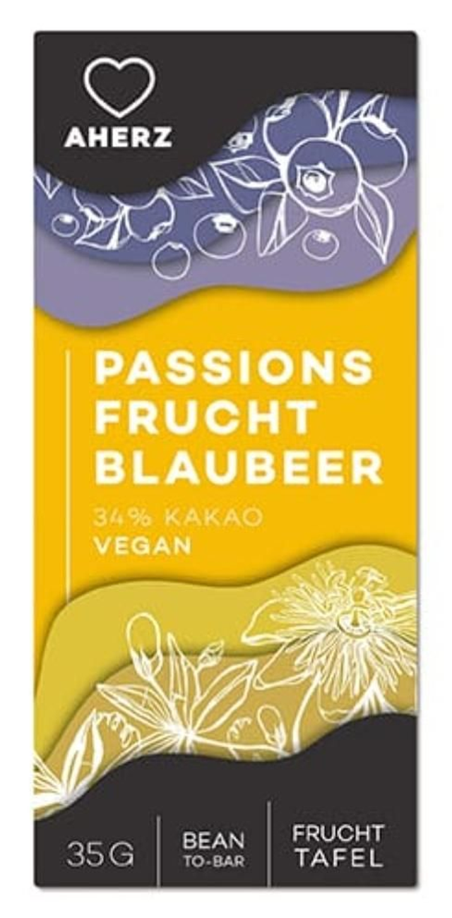 Aherz 36% vegan white with passionfruit and blueberries