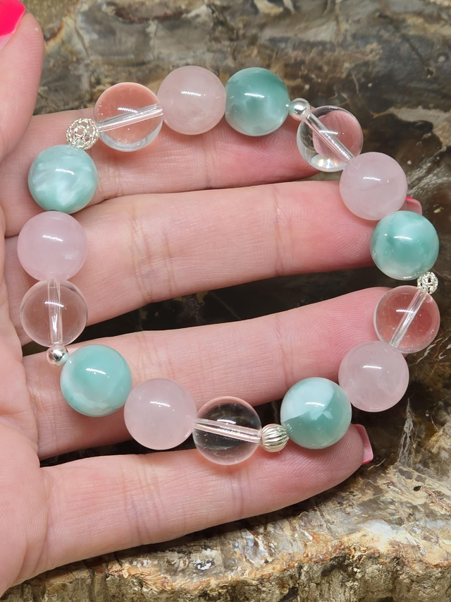 Bracelet Garniérite, Quartz rose, Cristal de roche XL en 1,2 cm