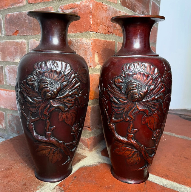 A Matched Pair of Antique Meiji Period Japanese Bronze Vases