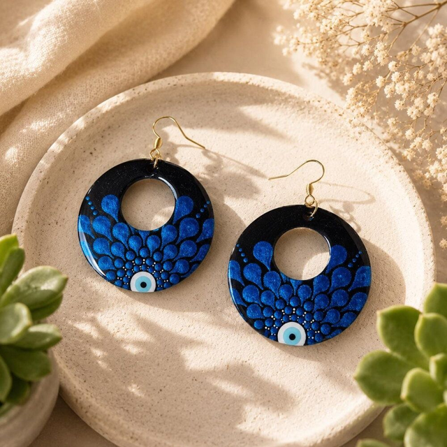 Boucles d’oreilles rondes œil grec en bois – Peintes à la main